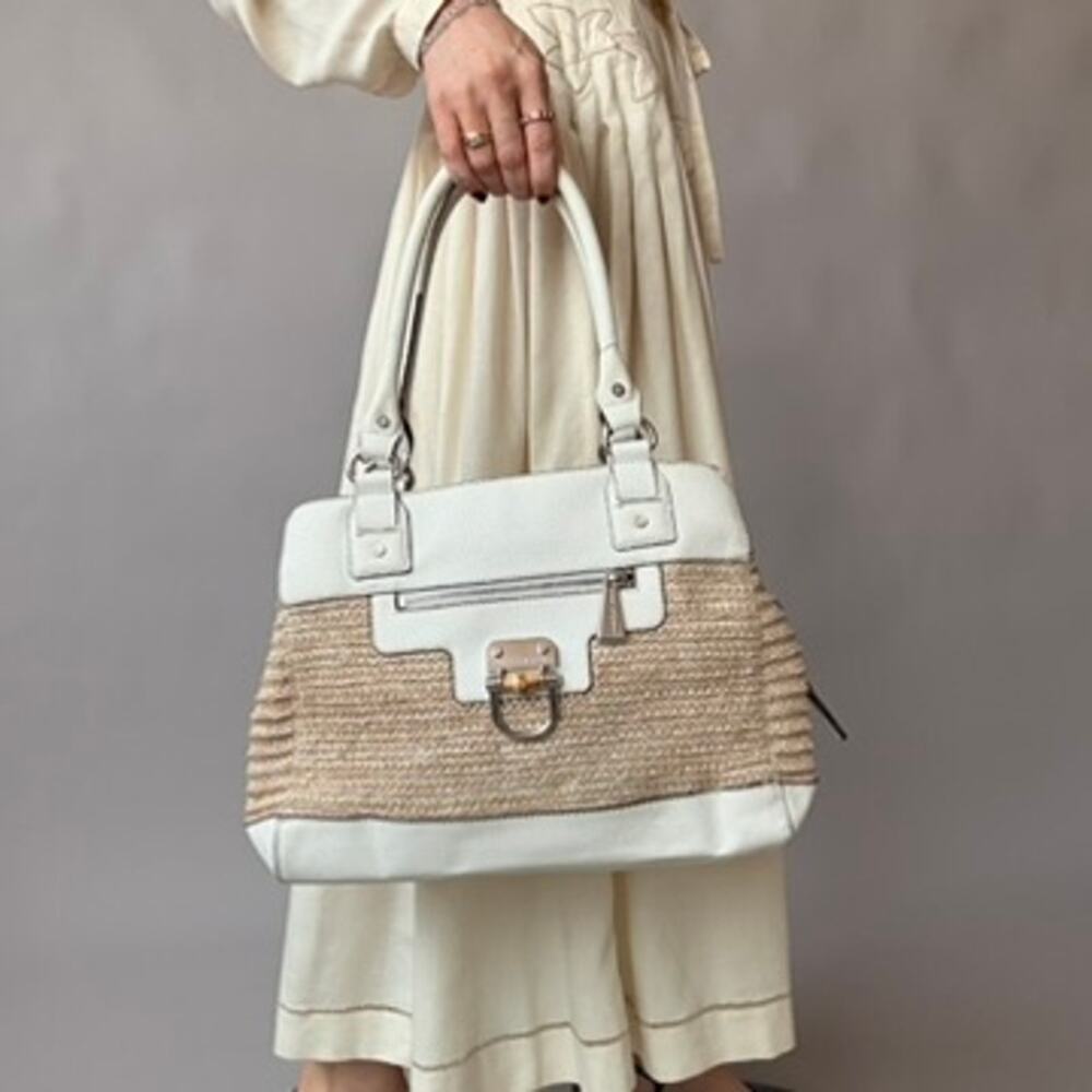 Vintage Dana Buchman Straw & White Leather Tote